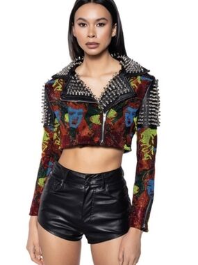 Cropped Multicolor Sequin & Spike Leather Jacket